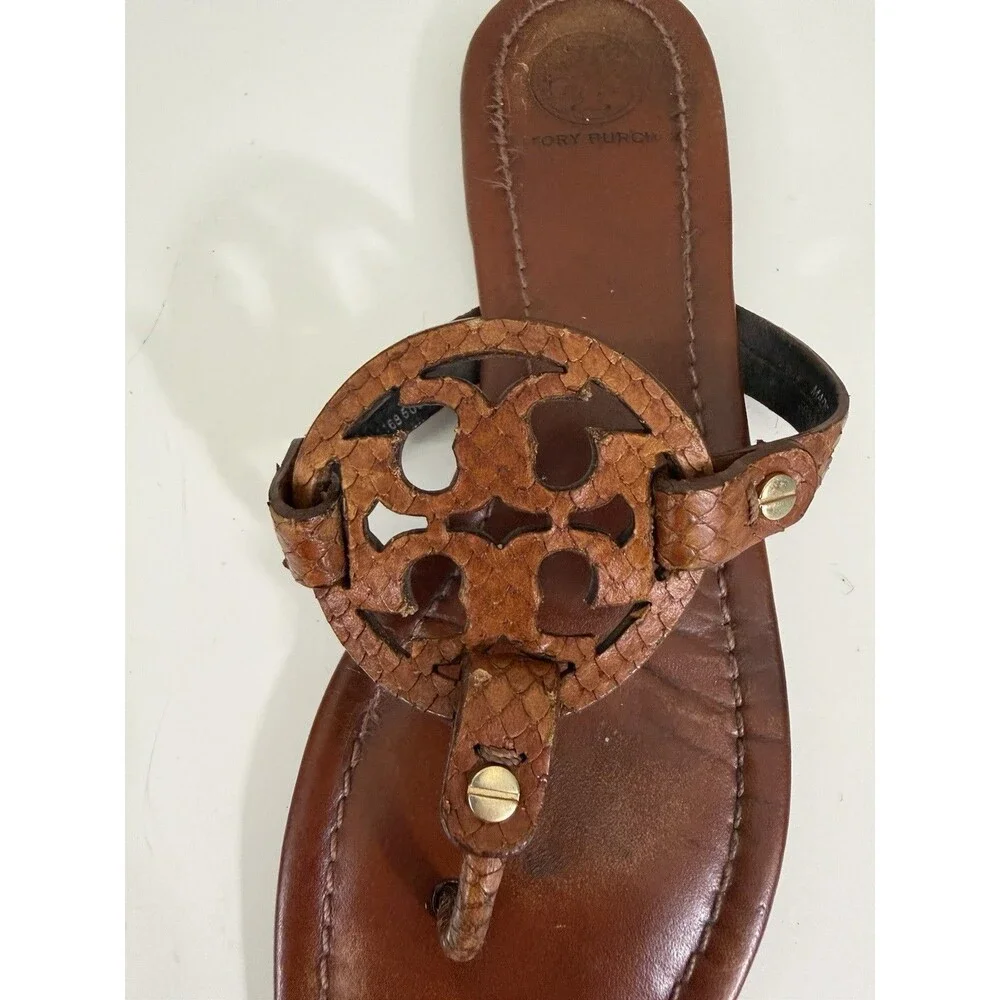 Tory Burch Miller Sandal Logo Brown Leather Model Off Duty Sz 7 M